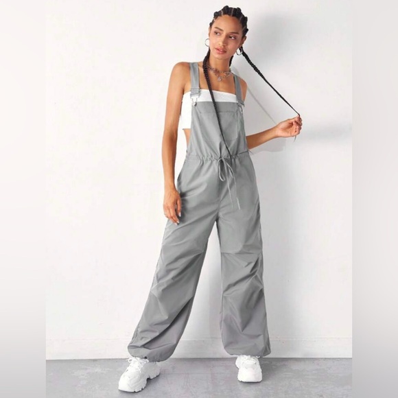 SHEIN Pants - GUC Grey Wide Leg Drawstring Ankle Tie Waist Pocket Overalls Jumpsuit